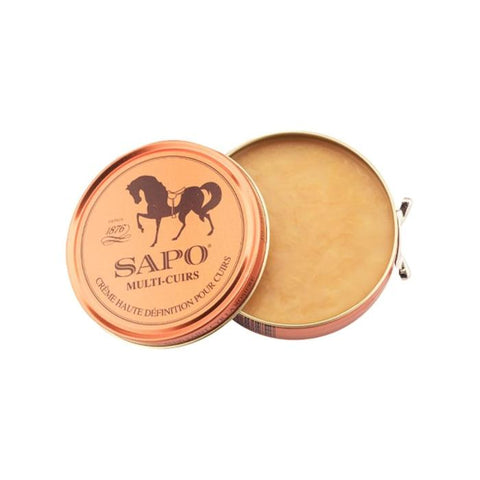 Produit pour entretien du cuir lisse, lanoline, huile d'avocat et cire d'abeille, idéal pour selles, brides, harnais, chaussures et vêtements en cuir, disponible en 100 ml ou 500 ml avec options brosse, parfumé au miel pour nourrir et assouplir le cuir.
