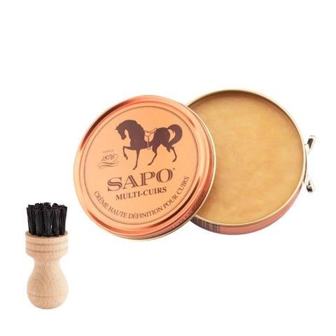 Produit pour entretien du cuir lisse, lanoline, huile d'avocat et cire d'abeille, idéal pour selles, brides, harnais, chaussures et vêtements en cuir, disponible en 100 ml ou 500 ml avec options brosse, parfumé au miel pour nourrir et assouplir le cuir.