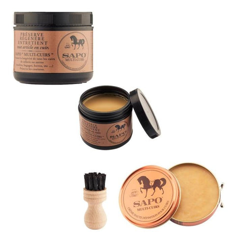 Produit pour entretien du cuir lisse, lanoline, huile d'avocat et cire d'abeille, idéal pour selles, brides, harnais, chaussures et vêtements en cuir, disponible en 100 ml ou 500 ml avec options brosse, parfumé au miel pour nourrir et assouplir le cuir.