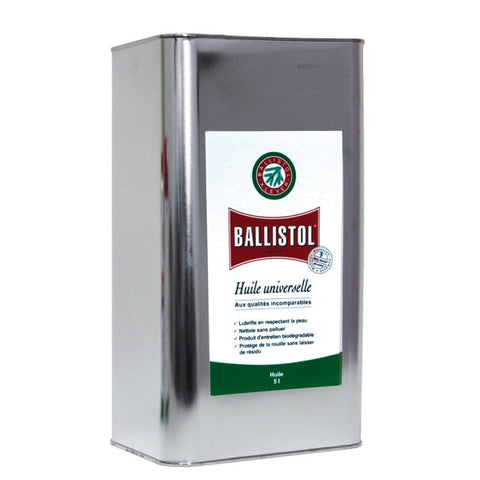 Huile universelle Ballistol de 5 litres pour l'entretien multi-matériaux, compatible métal, bois, cuir, et plastique, offrant protection anticorrosion, lubrification, et nettoyage écologique pour applications artisanales, industrielles, agricoles, ménagères, et automobiles, image montrant le produit en bouteille éco-responsable