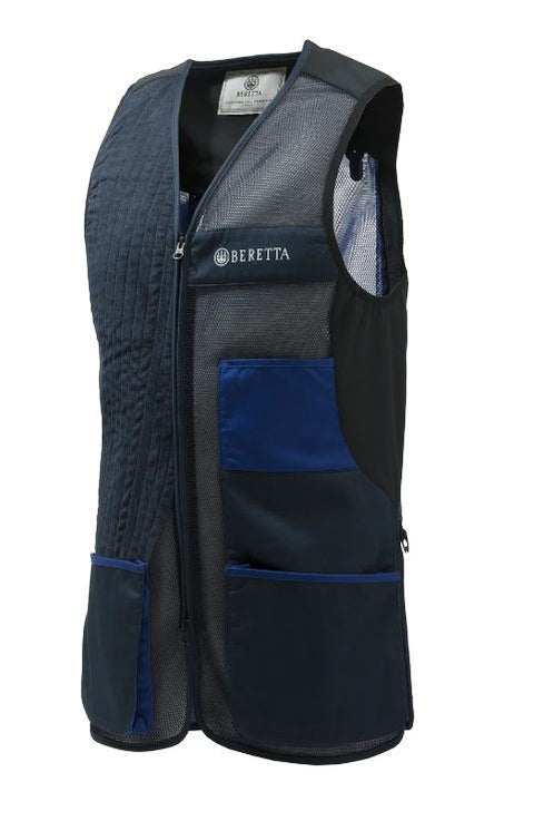 Gilet Beretta Uniform Pro 20.20 pour tir sportif, respirant et ajustable, conçu avec un filet 3D élastique pour une ventilation optimale et un confort supérieur, idéal pour les compétitions de tir, featuring poches avant extensibles et bande d'épaule en microsuède perforée