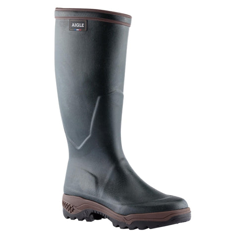 Bottes Aigle Parcours II en bronze offrant confort et résistance, idéales pour les excursions en plein air, fabriquées en caoutchouc naturel avec doublure en polyester et semelle anti-fatigue imperméable