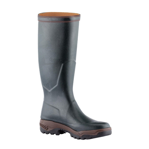 Bottes Aigle Parcours II en bronze offrant confort et résistance, idéales pour les excursions en plein air, fabriquées en caoutchouc naturel avec doublure en polyester et semelle anti-fatigue imperméable
