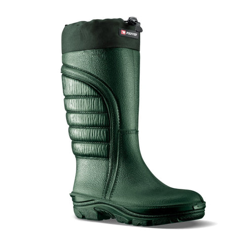 Swedish made Polyurethane winter boots offering unparalleled protection against cold from +5°C to -50°C, featuring lightweight construction, flexibility in low temperatures, waterproof seam-free design, antibacterial treatment, high grip slip-resistant sole, ergonomic fit for ankle support, and durability tested for extreme conditions, available in sizes 35/36 to 46/47