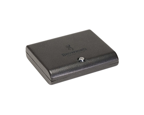 Browning portable gun safe with key lock, featuring 16 gauge steel construction, designed for secure pistol transport, compact and robust, ideal for firearm protection and storage, with a padded interior, textured finish, and quick access design