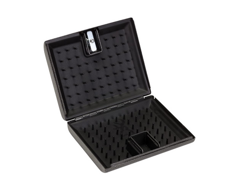 Browning portable gun safe with key lock, featuring 16 gauge steel construction, designed for secure pistol transport, compact and robust, ideal for firearm protection and storage, with a padded interior, textured finish, and quick access design