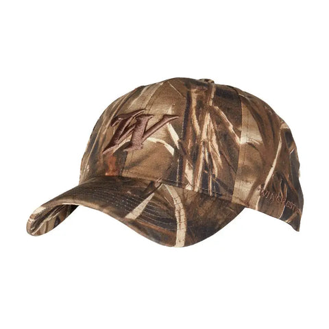 : "Casquette de chasse Winchester Metsik RTMAX4 en camouflage Realtree MAX-4, idéale pour les environnements aquatiques."