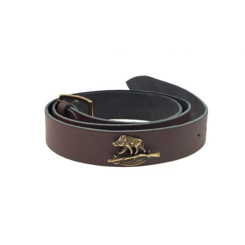 Ceinture Januel Cuir Marron - Boucle Bronze 120x5 cm - Logo Sanglier