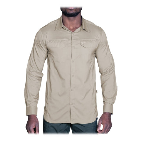 Chemise tactique METE PRIME avec design épuré, poches poitrine, fabriquée avec tissu élasthane et lycra MECTSTOPFLEX, confortable, légère, flexible, résistante, ventilation dans le dos, manches retroussables, idéale pour pratiques sportives et utilisation toutes saisons.