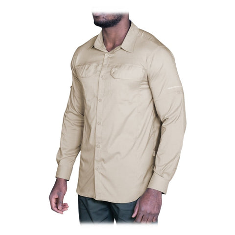 Chemise tactique METE PRIME avec design épuré, poches poitrine, fabriquée avec tissu élasthane et lycra MECTSTOPFLEX, confortable, légère, flexible, résistante, ventilation dans le dos, manches retroussables, idéale pour pratiques sportives et utilisation toutes saisons.