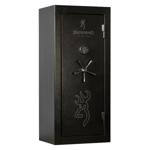 Coffre-fort Browning à double paroi en acier, offrant une sécurité optimale, protection anti-feu pendant 90 minutes à 915° C, avec capacité de stockage pour 19 armes, équipé de systèmes de sécurité avancés, finition intérieure beige, et options de stockage pour munitions et accessoires.