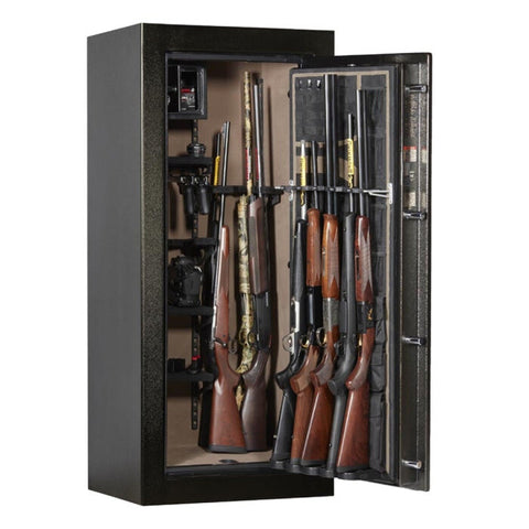 Image d'un coffre-fort Browning avec protection anti-feu de 90 minutes, acier à double paroi de 3 mm, capacité de stockage de 27 armes, finition tapissée beige, ornement de porte, et poignée à 5 branches noires mattes, certifié EN 1143-1 et UL RSC, dimensions extérieures de 153cm de hauteur, 79cm de largeur, 62cm de profondeur, idéal pour sécurité domestique et solution de stockage élégante.
