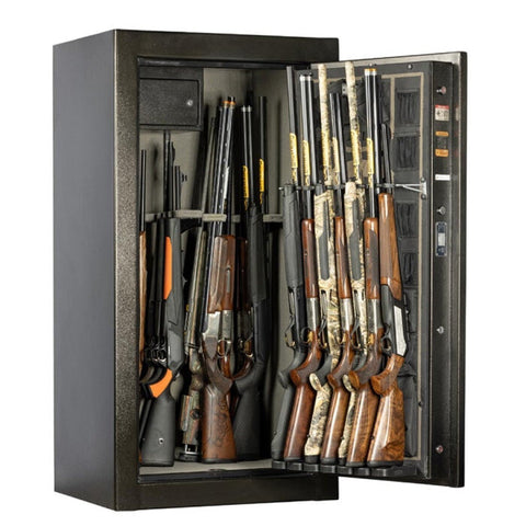 Image d'un coffre-fort Browning avec protection anti-feu de 90 minutes, acier à double paroi de 3 mm, capacité de stockage de 27 armes, finition tapissée beige, ornement de porte, et poignée à 5 branches noires mattes, certifié EN 1143-1 et UL RSC, dimensions extérieures de 153cm de hauteur, 79cm de largeur, 62cm de profondeur, idéal pour sécurité domestique et solution de stockage élégante.