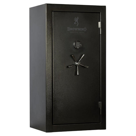 Image d'un coffre-fort Browning avec protection anti-feu de 90 minutes, acier à double paroi de 3 mm, capacité de stockage de 27 armes, finition tapissée beige, ornement de porte, et poignée à 5 branches noires mattes, certifié EN 1143-1 et UL RSC, dimensions extérieures de 153cm de hauteur, 79cm de largeur, 62cm de profondeur, idéal pour sécurité domestique et solution de stockage élégante.