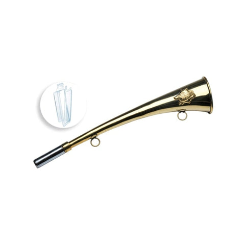 corne de chasse en laiton doré finition polie avec fixation pour courroie, longueur 12 cm, idéale pour la communication en battue et conçue pour un transport facile et discret, livrée sous blister