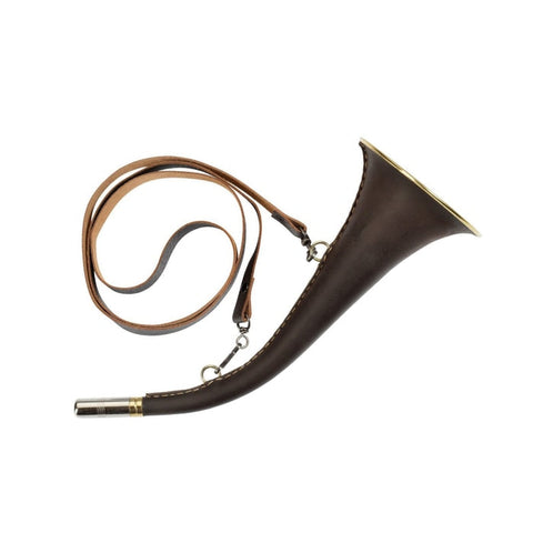 Corne de chasse Axel 31 cm Club Interchasse avec construction en métal, gainée de cuir véritable, offrant une sonorité parfaite et traitée anti-oxydation
