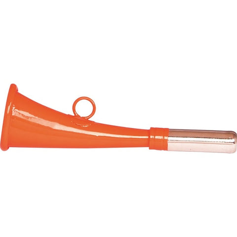 Image de la corne en métal plate de 16 cm, de couleur orange, utilisée pour des événements ou comme instrument sonore manuel, accessoire incontournable pour animations festives et signalétiques.