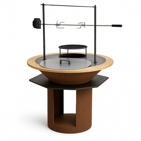 Pack Brasero Complet 2025 avec tourne broche, couvercle, et contour en bois - Design extérieur moderne et chic - Acier corten résistant, diamètre 100 cm - Idéal pour soirées conviviales et cuissons barbecue en plein air - Accessoires inclus pour une expérience optimale