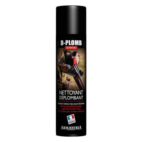 Spray nettoyant pour armes à feu D-PLOMB 250ml avec diffuseur à embout, éliminant résidus de combustion, plomb, zinc et acier, assurant nettoyage, lubrification et protection des canons et barillets