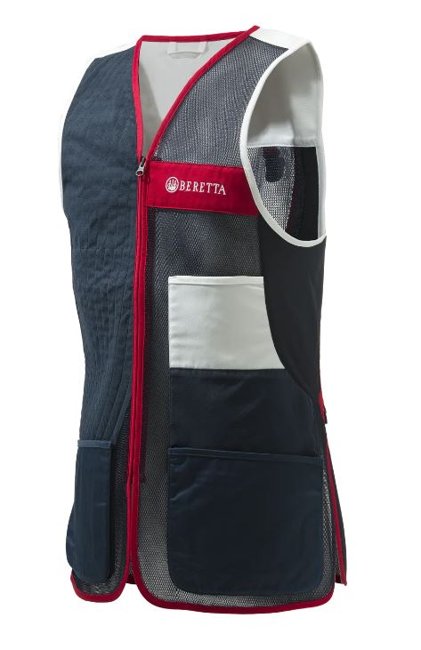 Gilet Beretta Uniform Pro 20.20 pour tir sportif, respirant et ajustable, conçu avec un filet 3D élastique pour une ventilation optimale et un confort supérieur, idéal pour les compétitions de tir, featuring poches avant extensibles et bande d'épaule en microsuède perforée