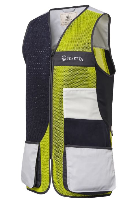 Gilet Beretta Uniform Pro 20.20 pour tir sportif, respirant et ajustable, conçu avec un filet 3D élastique pour une ventilation optimale et un confort supérieur, idéal pour les compétitions de tir, featuring poches avant extensibles et bande d'épaule en microsuède perforée