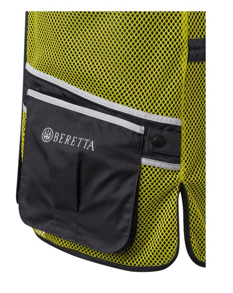 Gilet de tir Beretta Full Mesh en filet respirant avec bande d’épaule en coton, idéal pour le tir sportif par temps chaud, poches avant pour cartouches et attache casque, disponible en plusieurs coloris et tailles