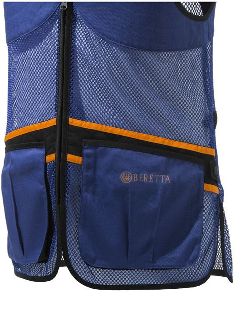Gilet de tir Beretta Full Mesh en filet respirant avec bande d’épaule en coton, idéal pour le tir sportif par temps chaud, poches avant pour cartouches et attache casque, disponible en plusieurs coloris et tailles