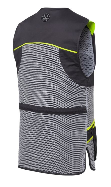 Gilet de tir Beretta Full Mesh en filet respirant avec bande d’épaule en coton, idéal pour le tir sportif par temps chaud, poches avant pour cartouches et attache casque, disponible en plusieurs coloris et tailles