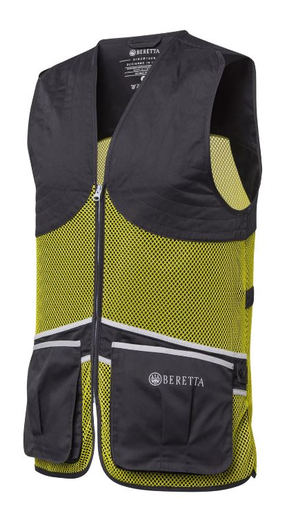 Gilet de tir Beretta Full Mesh en filet respirant avec bande d’épaule en coton, idéal pour le tir sportif par temps chaud, poches avant pour cartouches et attache casque, disponible en plusieurs coloris et tailles