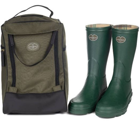Sac à bottillon beige Le Chameau Iris, élégant et pratique pour transporter et ranger des bottillons, fabriqué en textile avec des renforts en cuir, idéal pour sécuriser vos bottines dans le coffre de votre voiture sans les salir