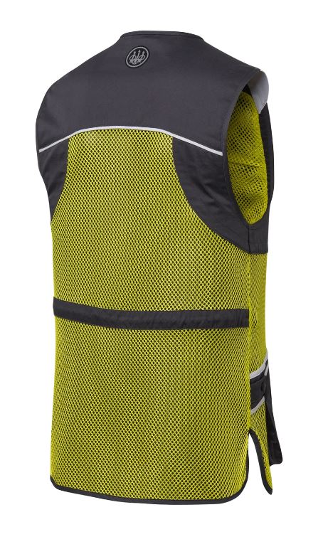 Gilet de tir Beretta Full Mesh en filet respirant avec bande d’épaule en coton, idéal pour le tir sportif par temps chaud, poches avant pour cartouches et attache casque, disponible en plusieurs coloris et tailles
