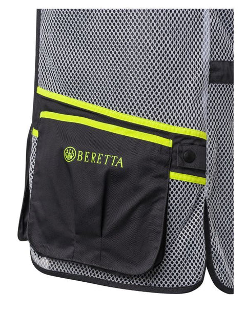 Gilet de tir Beretta Full Mesh en filet respirant avec bande d’épaule en coton, idéal pour le tir sportif par temps chaud, poches avant pour cartouches et attache casque, disponible en plusieurs coloris et tailles