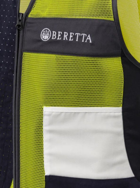Gilet Beretta Uniform Pro 20.20 pour tir sportif, respirant et ajustable, conçu avec un filet 3D élastique pour une ventilation optimale et un confort supérieur, idéal pour les compétitions de tir, featuring poches avant extensibles et bande d'épaule en microsuède perforée