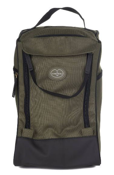 Sac à bottillon beige Le Chameau Iris, élégant et pratique pour transporter et ranger des bottillons, fabriqué en textile avec des renforts en cuir, idéal pour sécuriser vos bottines dans le coffre de votre voiture sans les salir