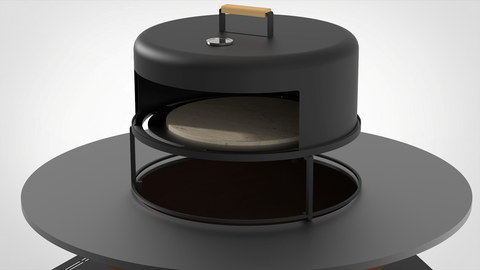 Four à pizza Forno Di Tonio en acier carbone avec pierre réfractaire et thermomètre intégré, compatible avec le brasero Random 100 pour une cuisson rapide de pizzas artisanales au feu de bois jusqu'à 800°C, accompagné d'accessoires offerts pour une expérience culinaire optimale en extérieur.