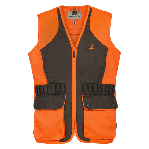 Gilet haute visibilité Percussion Tradition, idéal pour chasseurs, offrant confort, sécurité, et visibilité accrue lors de sorties en plein air, fabriqué en tissu résistant et respirant, orange et vert, style traditionnel pour une protection optimale contre les éléments.