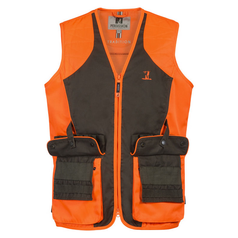 Gilet haute visibilité Percussion Tradition, idéal pour chasseurs, offrant confort, sécurité, et visibilité accrue lors de sorties en plein air, fabriqué en tissu résistant et respirant, orange et vert, style traditionnel pour une protection optimale contre les éléments.