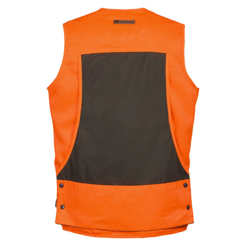 Gilet haute visibilité Percussion Tradition, idéal pour chasseurs, offrant confort, sécurité, et visibilité accrue lors de sorties en plein air, fabriqué en tissu résistant et respirant, orange et vert, style traditionnel pour une protection optimale contre les éléments.