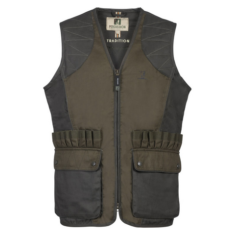 Gilet de chasse Percussion Tradition marron, résistant et multifonctionnel avec poches pratiques, conçu pour le confort et la performance lors des sorties de chasse en plein air.