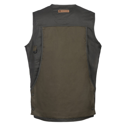 Gilet de chasse Percussion Tradition marron, résistant et multifonctionnel avec poches pratiques, conçu pour le confort et la performance lors des sorties de chasse en plein air.