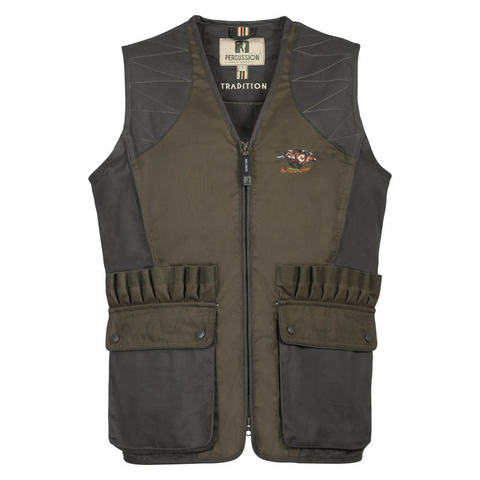 Gilet de chasse Percussion Tradition marron, résistant et multifonctionnel avec poches pratiques, conçu pour le confort et la performance lors des sorties de chasse en plein air.