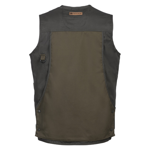 Gilet de chasse Percussion Tradition marron, résistant et multifonctionnel avec poches pratiques, conçu pour le confort et la performance lors des sorties de chasse en plein air.