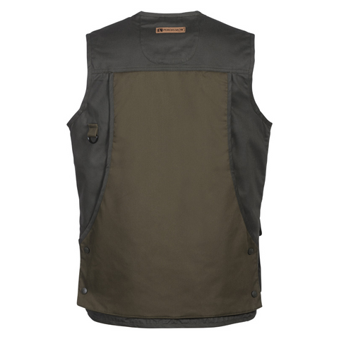 Gilet de chasse Percussion Tradition marron, résistant et multifonctionnel avec poches pratiques, conçu pour le confort et la performance lors des sorties de chasse en plein air.
