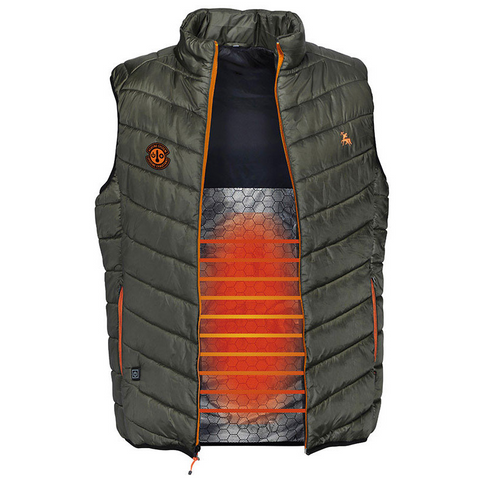 Gilet chauffant en polyester vert ou bleu avec 3 zones chauffantes et batterie rechargeable de 10000 mAh, offrant une chaleur réglable et un confort thermique pour toutes les tailles de S à 4XL, idéal pour les activités en plein air et comme power bank pour appareils nomades.