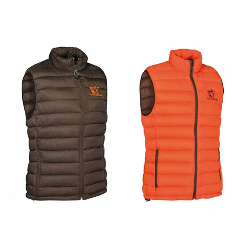 Gilet de chasse matelassé Club Interchasse Philibert marron ou orange, 100% polyamide déperlant, garnissage duvet et plume de canard, avec poches zippées, tailles S à 3XL