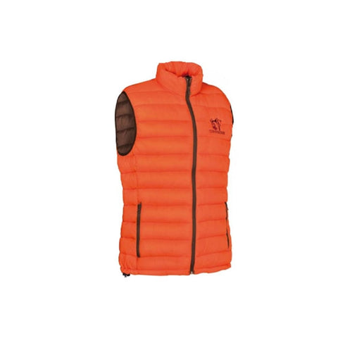 Gilet de chasse matelassé Club Interchasse Philibert marron ou orange, 100% polyamide déperlant, garnissage duvet et plume de canard, avec poches zippées, tailles S à 3XL