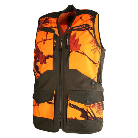 "Gilet de chasse Somlys 218 en camouflage orange et vert, visibilité et discrétion."