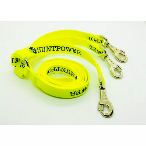 Laisse Hunt Power robuste et pratique pour chiens, modèles simple, doubleur et tripleur, offrant sécurité et confort lors des promenades.
