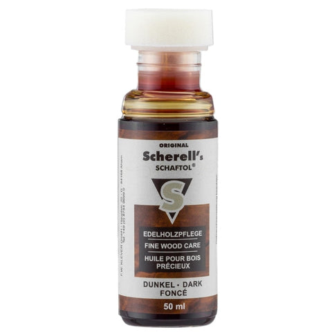 Image de l'huile Schaftol pour l'entretien et la protection du bois, 50ml avec tampon applicateur, protège les bois des armes contre l'humidité, les tâches et les rugosités, disponible en teintes foncée et extra-foncée.