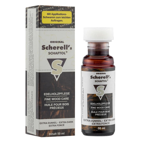 Image de l'huile Schaftol pour l'entretien et la protection du bois, 50ml avec tampon applicateur, protège les bois des armes contre l'humidité, les tâches et les rugosités, disponible en teintes foncée et extra-foncée.